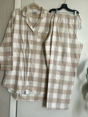 Beige and White Plaid Button-Front Pajama Set
